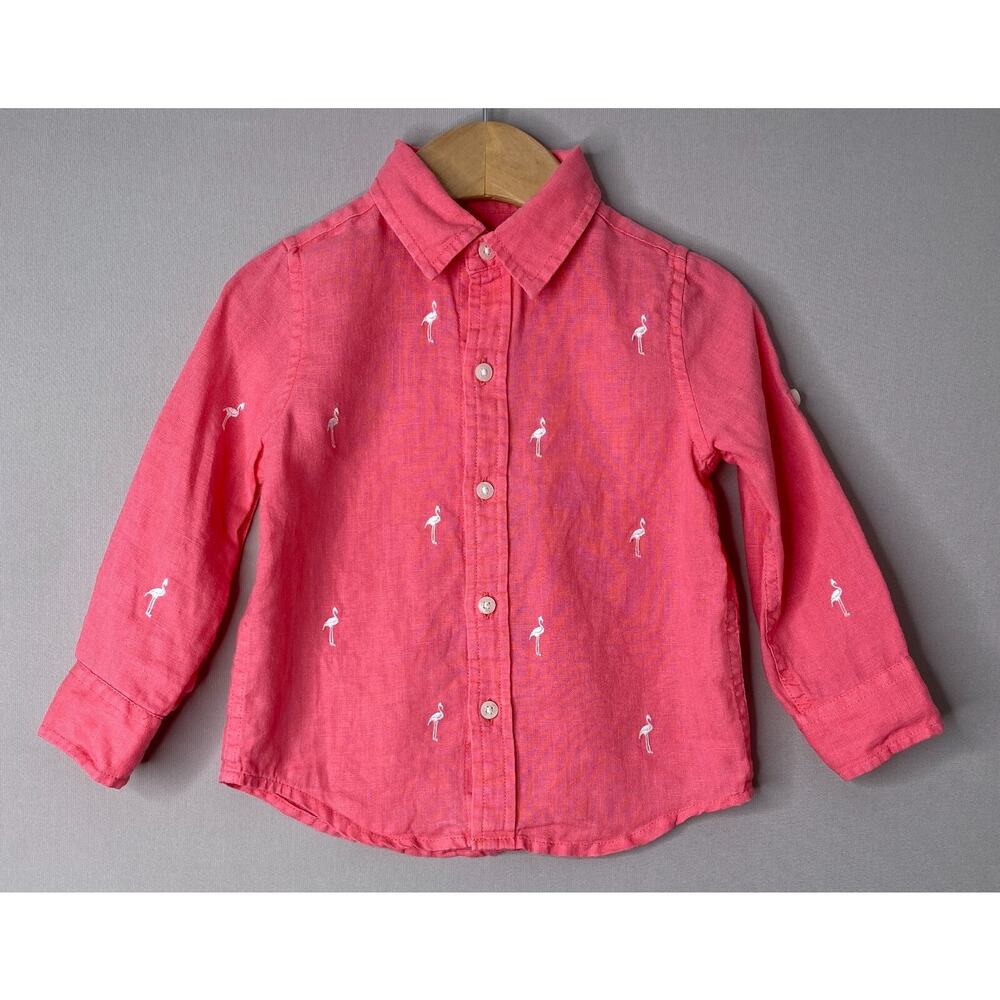 Janie & Jack Flamingo Embroidered Coral Pink Linen Button-Up Shirt Boys 18-24 Mo